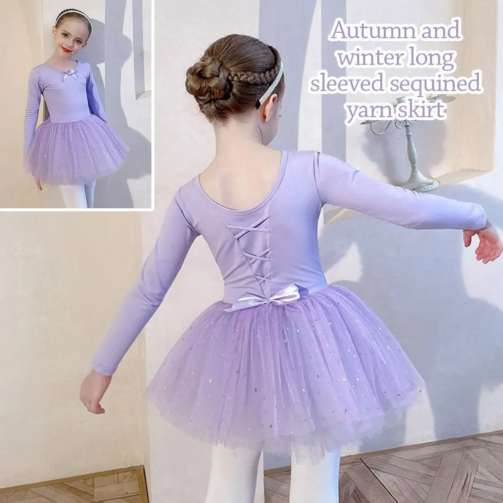 Fashion Long Sleeve Kids Ballet Dress Cotton Bowknot Performance Clothes Party Dress Sequins Dance Costumes Children
