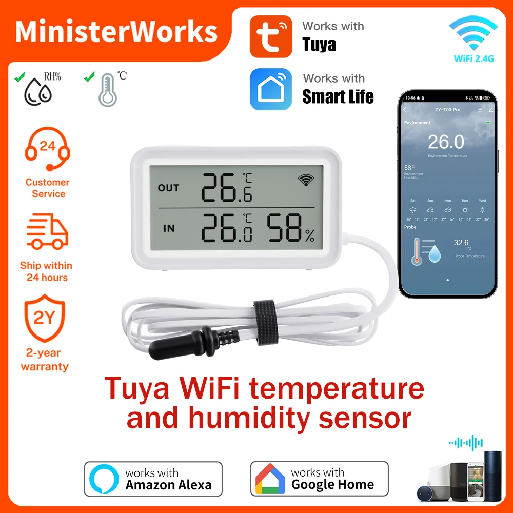 مستشعر درجة الحرارة والرطوبة Tuya Wi-Fi مع مسبار خارجي وشاشة LCD رقمية ذكية تعمل مع مساعد Google Smart Life