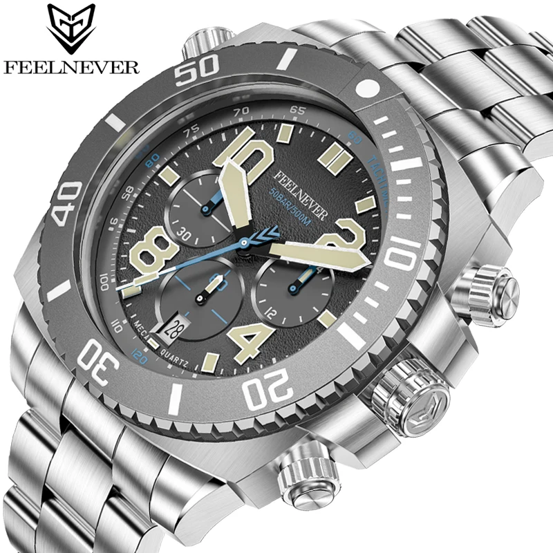 2023 FeelNever New Sport Dive Quartz Mens Watches Sapphire Crystal Big Dial Waterproof Watch For Men Stainless Steel Wristwatch