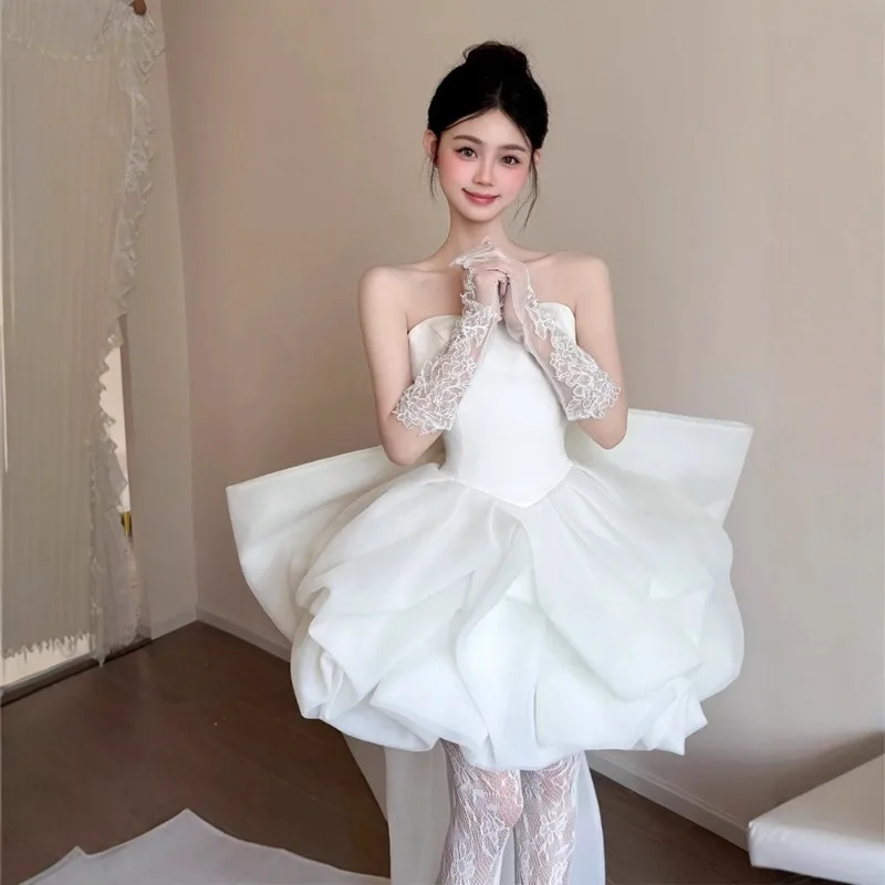 

Французское легкое свадебное платье, короткое утреннее платье, новинка 2026 года, без бретелек, для банкета и встречи, пышное платье для помолвки, модное