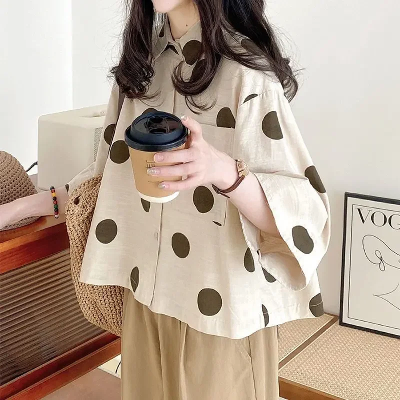 Women's Tops New Summer Shirts Cartoon Sweet Loose Japanese Harajuku Style Short Polka Dot Sleeves Shirt Casual Blouse Femmes