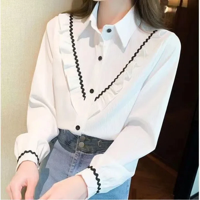 Single Breasted Black Ear Edge Patchwork Blouse Spring Long Sleeve Loose White Elegant Shirt Tops Fashion Trend Women Clothes