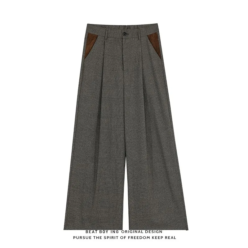 

Retro Suede Pleated Plaid Splicing Men's Women's High Waist Straight Leg Pants Dra Luxury Clean Fit Western Trousers