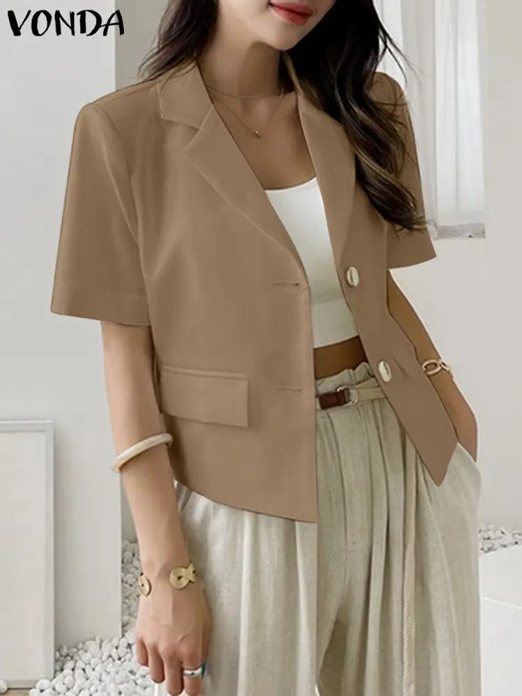 VONDA Elegant Summer OL Style Women Blazer Casual Loose Coats 2024 Short Sleeve Lapel Coat Solid Color Buttons Blazer Streetwear