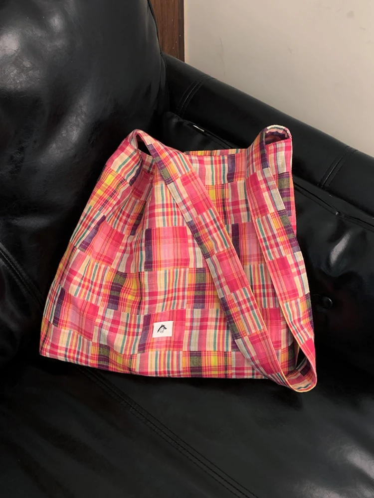 

Pink Plaid Canvas Bags 2024 New Niche All-match Women Tote Bag Simple Bags Vintage Messenger Bags