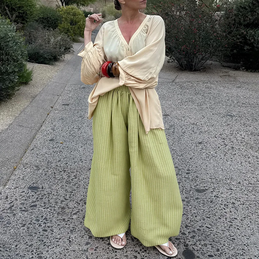 

Ladies Boho Striped High Waist Wide Leg Pants, Lightweight Linen Blend Palazzo Trousers for Summer, Vacation