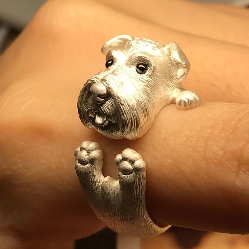 Fashion Cute Silver Color Schnauzer Puppy Opening Adjustable Ring For Men Women Animal Dog Ring Party Jewelry New Year Gifts