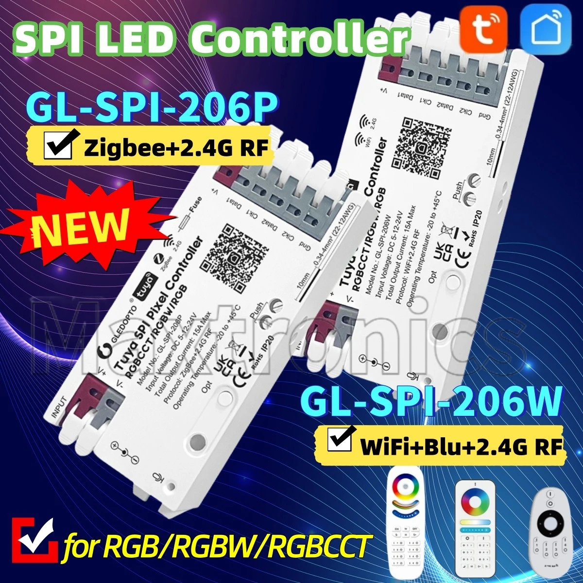 

GLEDOPTO 2.4G WiFi+Blu / ZigBee Tuya 3IN1 SPI Pixel Controller for RGBCCT RGBW RGB SPI Strip Dynamic Light Music Sync Smart Life