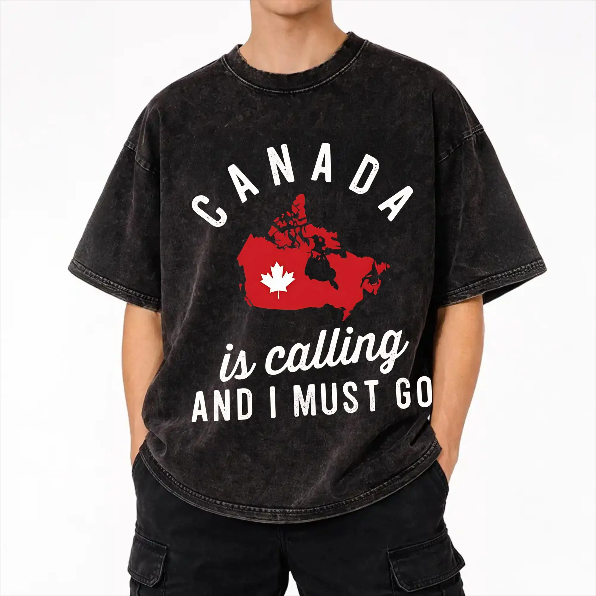 Funny Canada Is Calling and I Must Go Flag  Washed T Shirts Streetwear Hip Hop Cool T-Shirts  Tees Men Women 100% Cotton