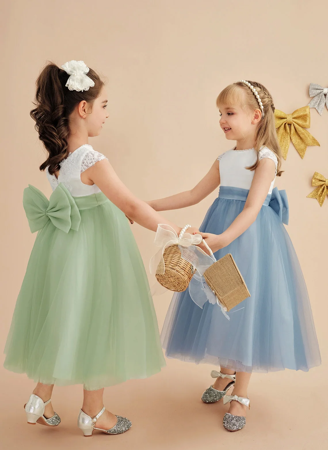 Una linea Scoop Tea lunghezza pizzo raso Tulle Flower Girl Dress abito da sera nuovi eleganti abiti da banchetto