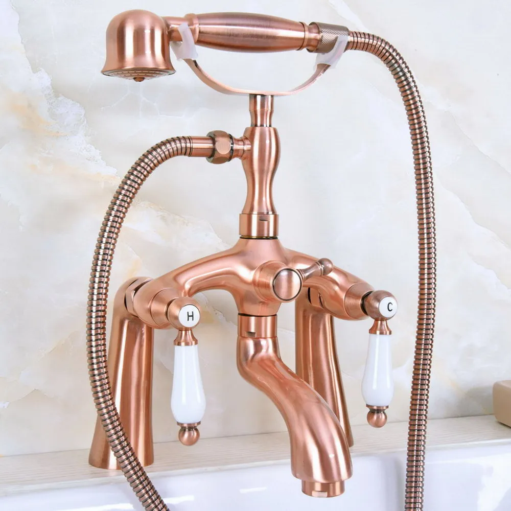 Antique Red Copper Deck Mount Bathtub Faucet Hot and Cold Water Bath Tub Crane Bathtub Mixers With Handshower Bna165