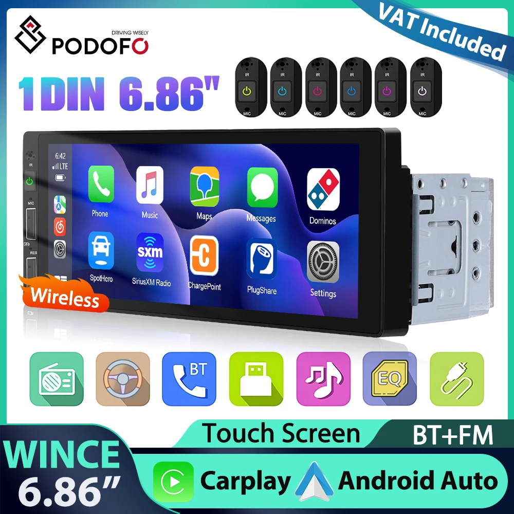 Reproductor MP5 Podofo de 6.86'' 1Din, Carplay Inalámbrico, Android Auto, Mirror Link, Reproductor Multimedia, Bluetooth, FM/AUX, EQ, Radio para Auto