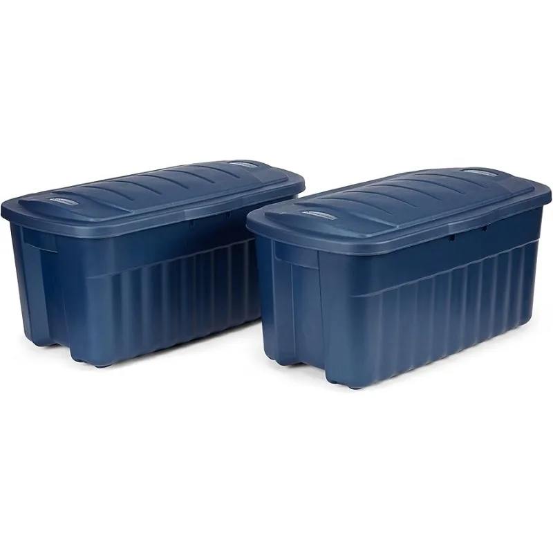 

Roughneck Tote 40 Gal, 2 Pack, Made in USA, Dark Indigo Metallic, Rugged Plastic Stackable Storage Bins with Lids and Handles