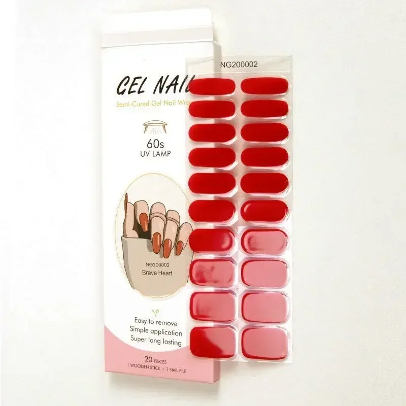 

Red Solid Color Semi-Cured Gel Nail Strips Patch Sliders Adhesive Full Cover Women DIY Gel Nail Stcikers For UV Lamp