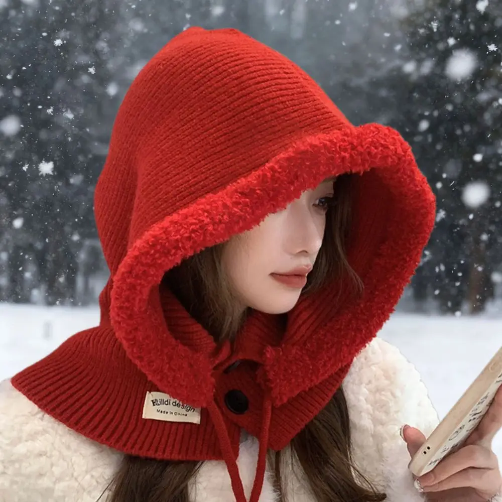 

Knitted Balaclava Hat for Women Winter Hooded Hats Thicken Plush Liner Drawstring Hats One-piece Neck Protective Beanies Cap