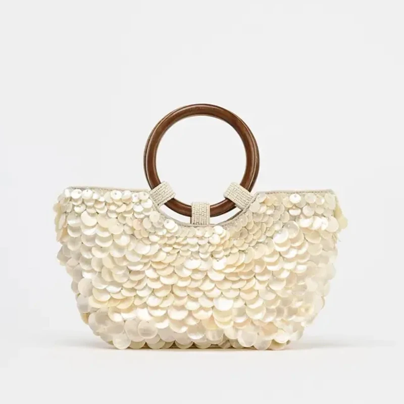 

Handmade Heavy Industry Bead Handbag Embroidered Natural Shell Diagonal Totes Half Moon Crossbody Women's Wedding Part Bags New