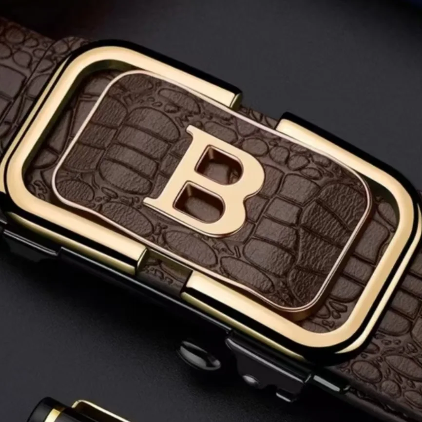 เข็มขัดผู้ชายแบบ B หัวเข็มขัดอัตโนมัติแบบไม่มีฟัน วัสดุ PU สไตล์เรียบง่ายสำหรับธุรกิจ