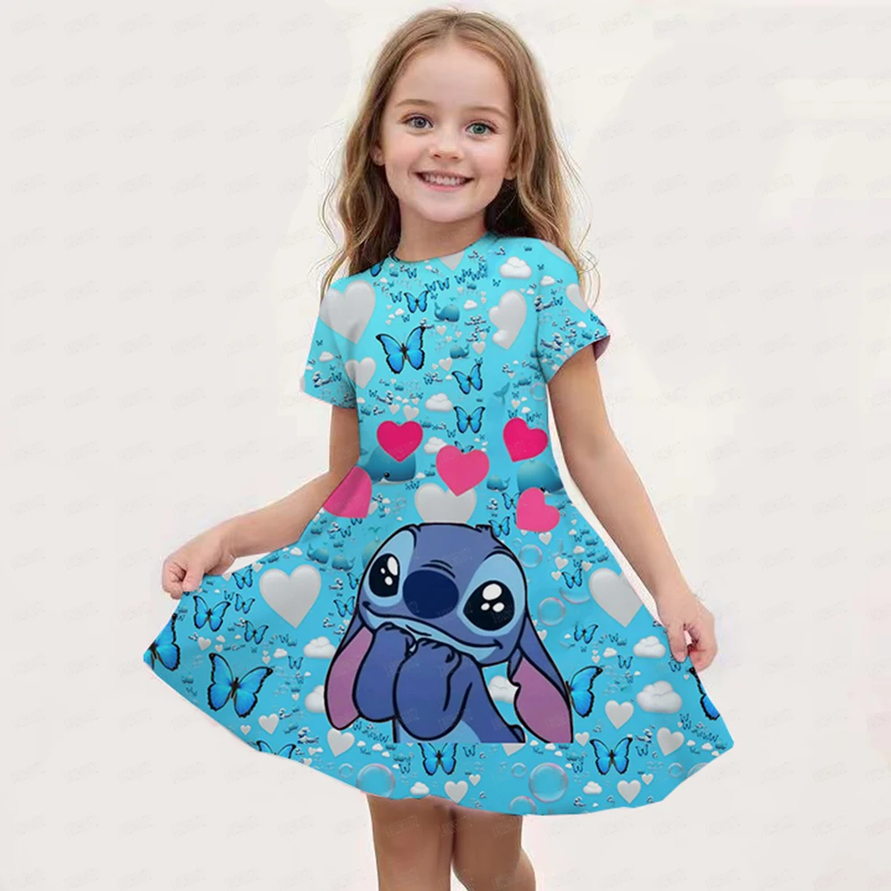 

Summer hot selling Disney Stitch full print girl dress KID pink cartoon pattern party short sleeved princess puffy skirt