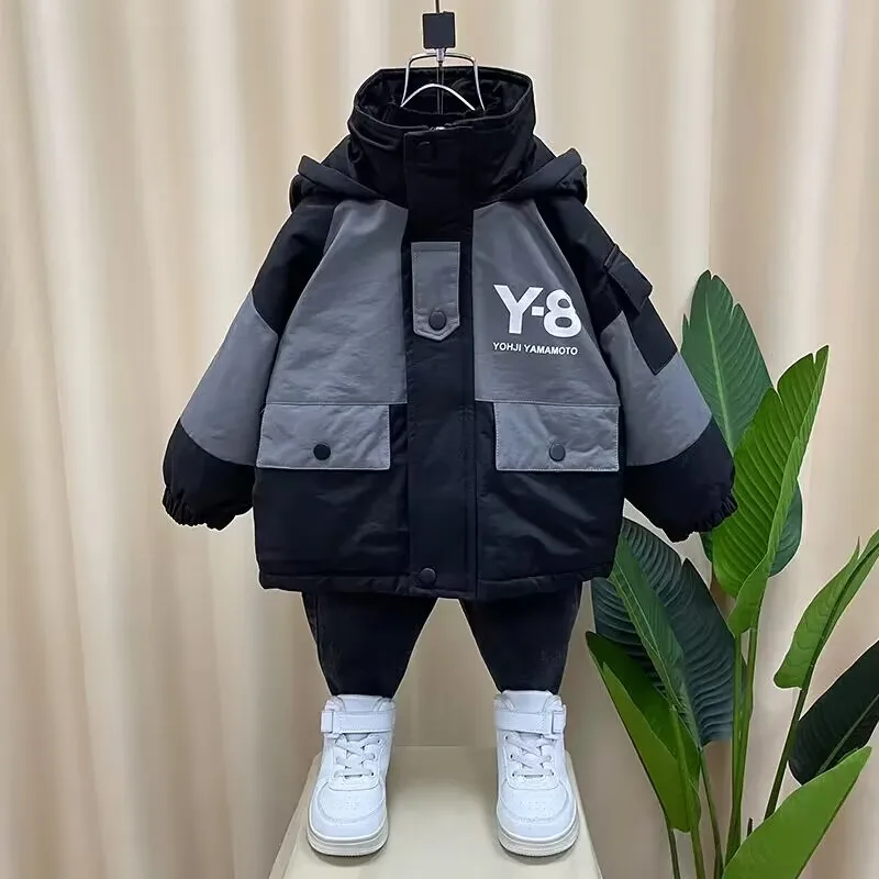 Boys\' Thickened Hooded Coat 2023 New Autumn and Winter Fashion Children\'s Baby Warm Cotton Jacket Pie Overcome Top