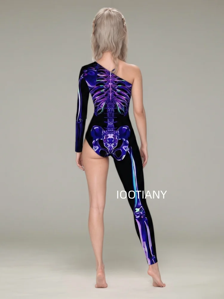 Gotischer Halloween-Skelett-Print-Bodysuit für Damen, One-Shoulder, einlanger Ärmel, asymmetrischer, enger Jumpsuit, Bühnen-Rave-Outfit – Detail 19