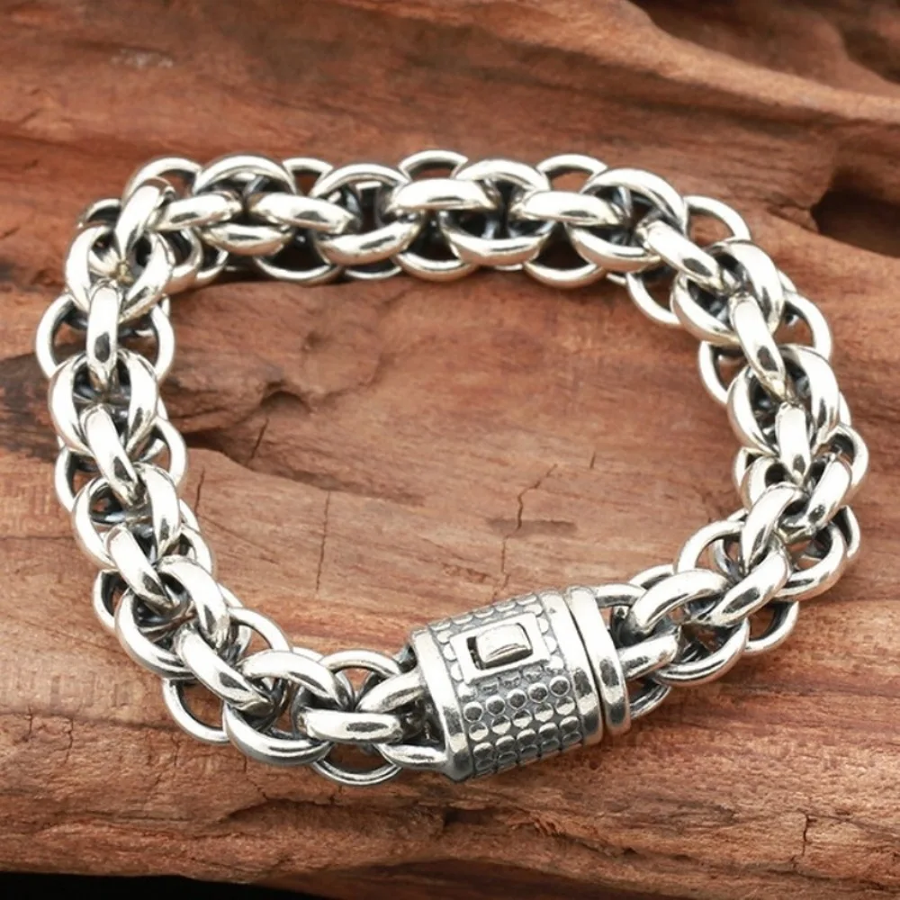 

Real Solid 925 Sterling Silver Chain Men Lucky 12mm Rolo Circle Link Bracelet 52-53g/22cm