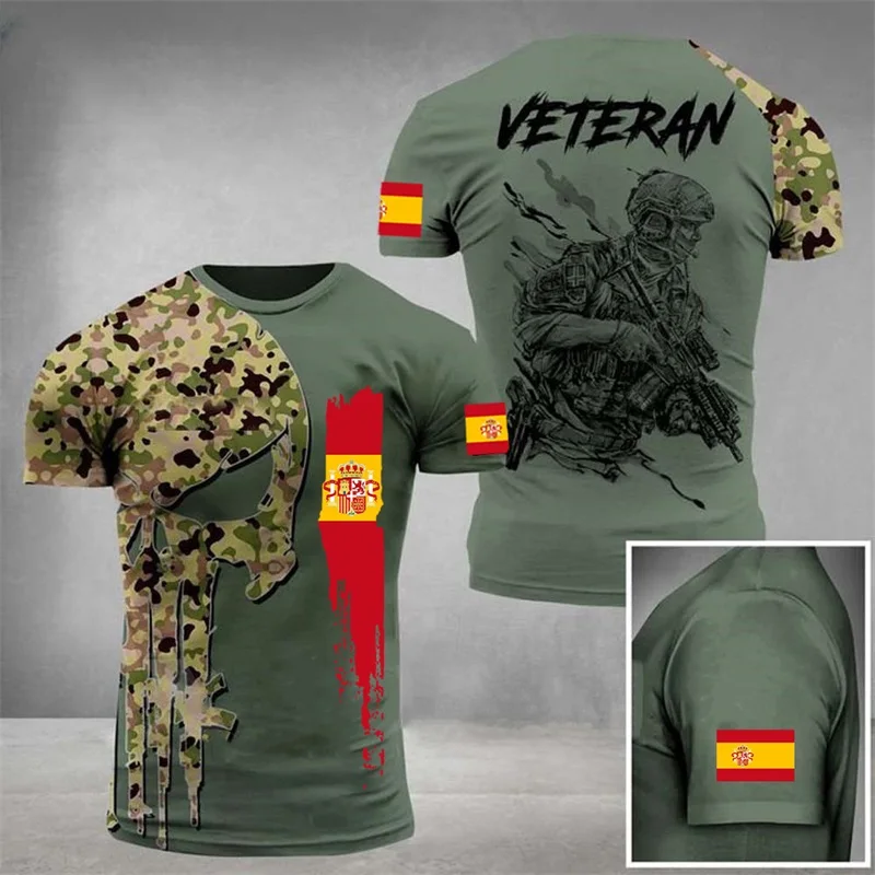 Camiseta de camuflaje con bandera española para hombre, camisetas de combate de veterano del ejército, emblema 3D de España, camiseta de soldado de camuflaje militar impresa, camiseta de manga corta