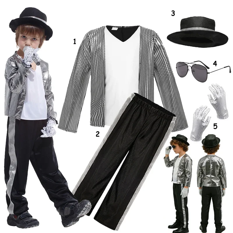 Kinder 80er 90er Glänzendes Metallic-Tanzstar-Outfit Mädchen Jungen Cosplay-Kostüm-Set für Jungen Mädchen Bühnenparty Karneval Halloween – Detail 2