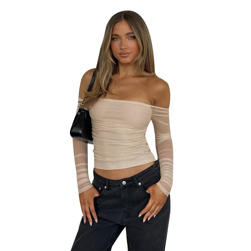 Cross-border Hot-selling Summer New One-word Shoulder Lace Splicing Halter Sexy Tube Top Long-sleeved Top Cw61764