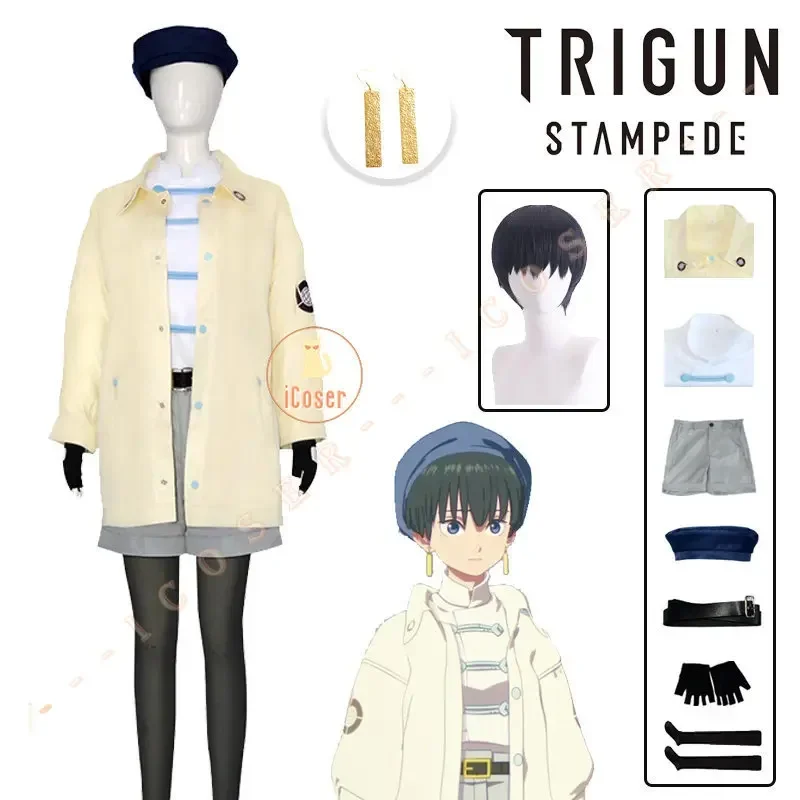 Anime Trigun Stampede Meryl Stryfe Cosplay Costume Wig Journalist Trench Pants Earrings Hat Halloween Party Women Men Role Play