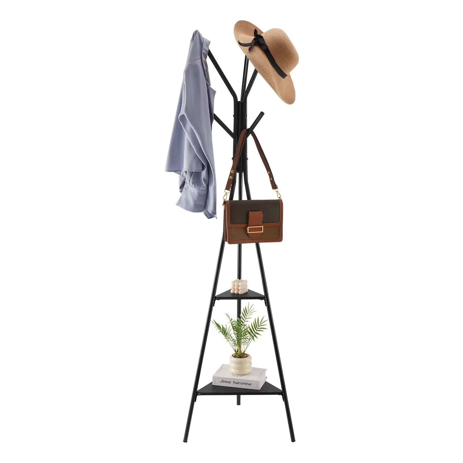Coat Rack, Freestanding Stand with 2 Shelves & 6 Hooks, Free Hall Tree for Entryway, Bedroom, Living Room, Modern Clothes