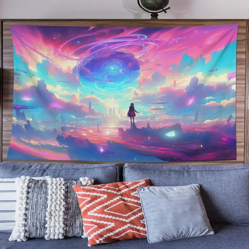VIKAMA Anime Fantasy Cosmic Tapestry Neon Dreamy Cityscape Polyester Wall Hanging Aesthetic Bedroom Dorm Home Decor
