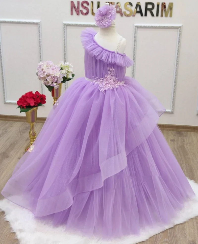 

A-Line Custom Flower Girl Dresses for Wedding One Shoulder Glitter Tulle Pageant Dress With Headbow Kids Birthday Party Gowns