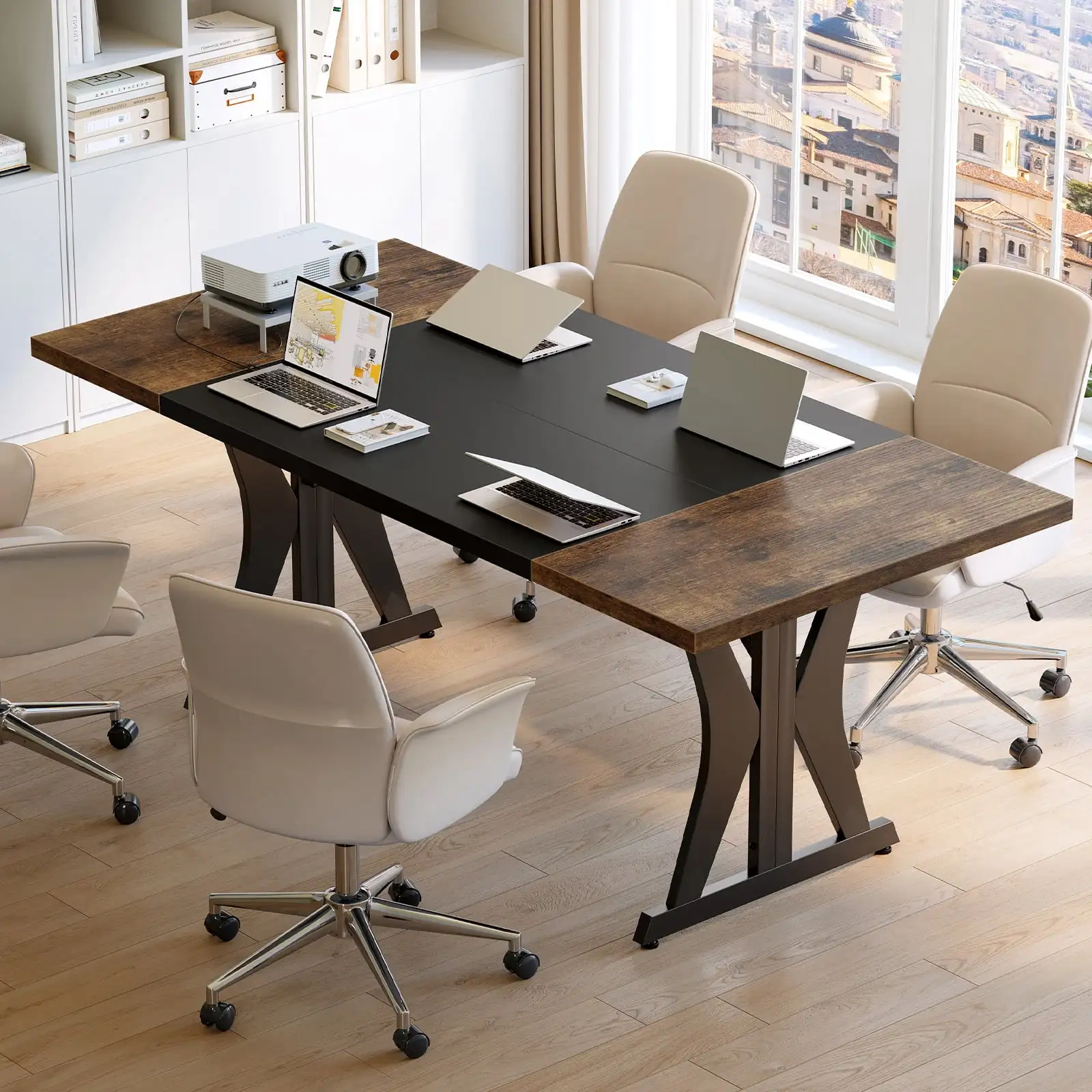 70 Inch Large Computer Desk, Modern Two-Tone Executive Office Desk with Sturdy K-Shaped Metal Frame, Industrial Home Office Writing Desk for Gaming, Studying, and Working, Rustic Brown