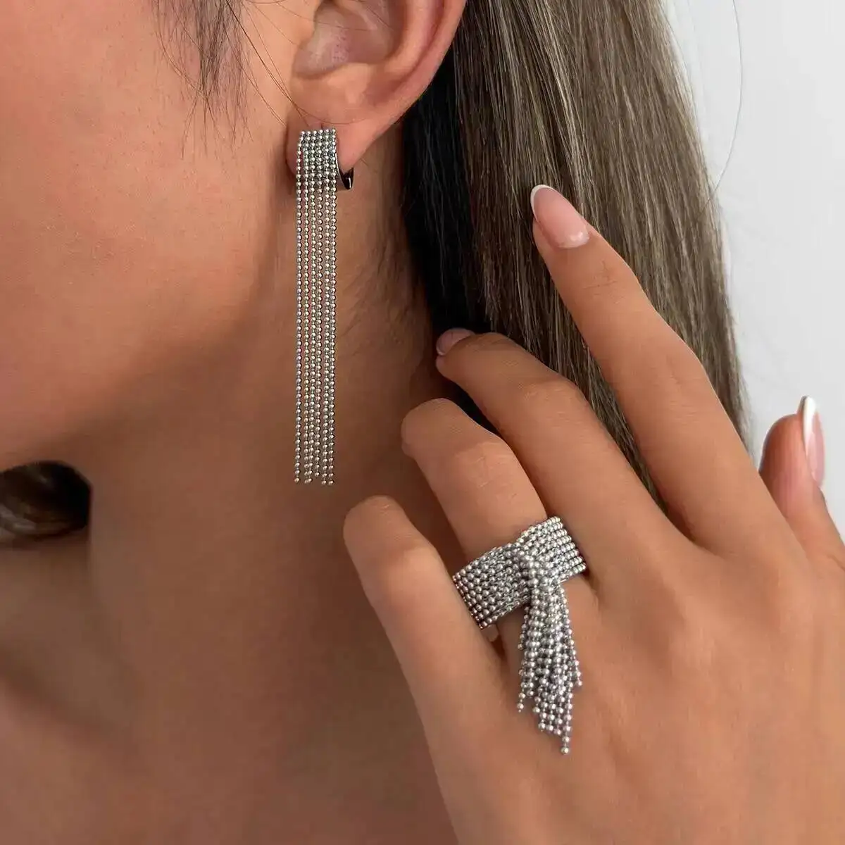 SHIXIN Fashion Exquisite Stainless Steel Long Tassel Earrings Rings Women Charm Geometric 18K Gold Plated Set Waterproof Jewelry