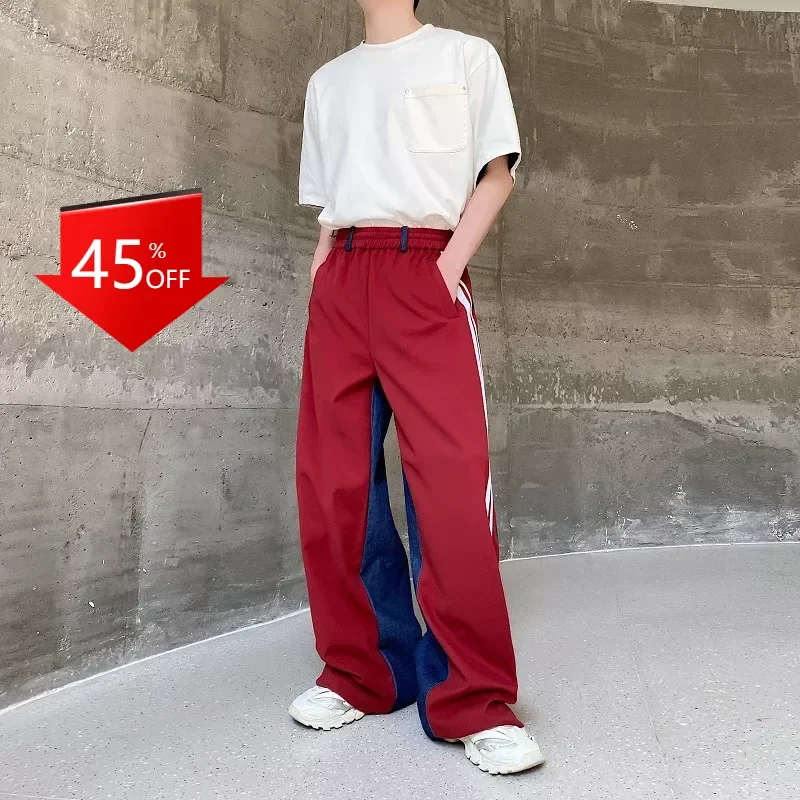 

Y2K casual pants Denim stitching red woolen trousers loose straight trousers streetwear men baggy hosen men clothing vintage