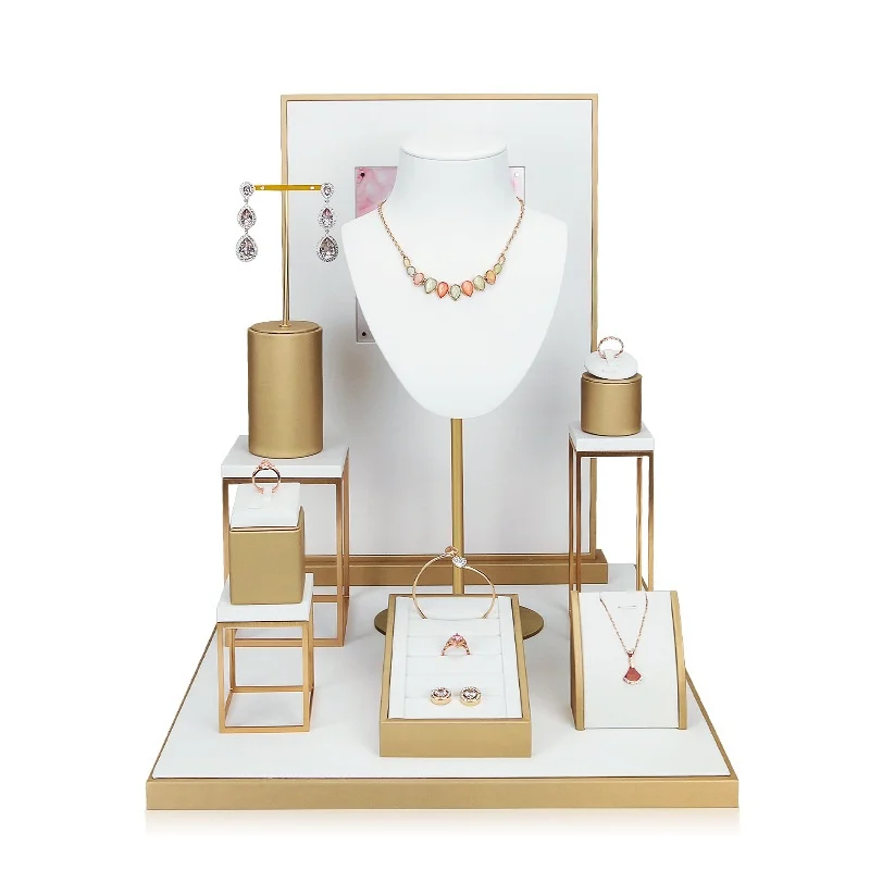 Jewelry display props window bracelet earrings ring necklace rack Gold and white jewelry display stand tray