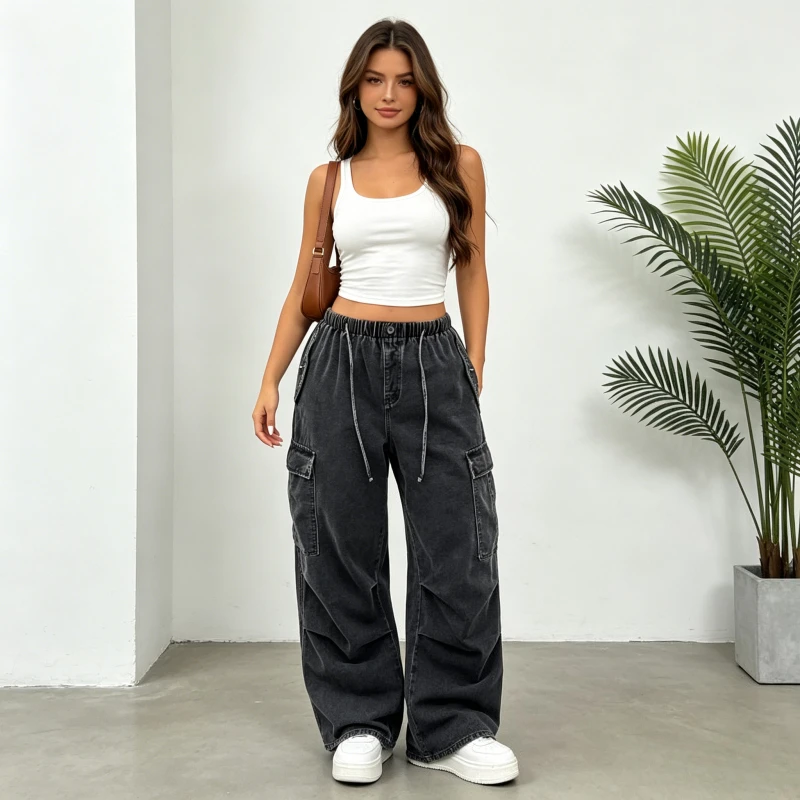 Cargo Pants Denim Pant Women Jeans Traight Trousers Work Casual Pockets Loose Lace Up Elastic Waist Y2k Streetwear 2026 Summer
