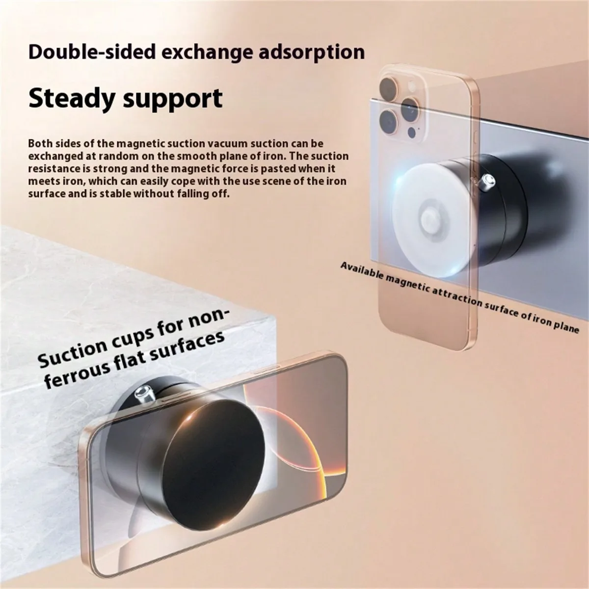 La base ad alta elasticità assorbe in una goccia, saldamente e senza lasciare segni! Adatto per vetro/metallo/piastrelle/pietra, ventosa magnetica sottovuoto!