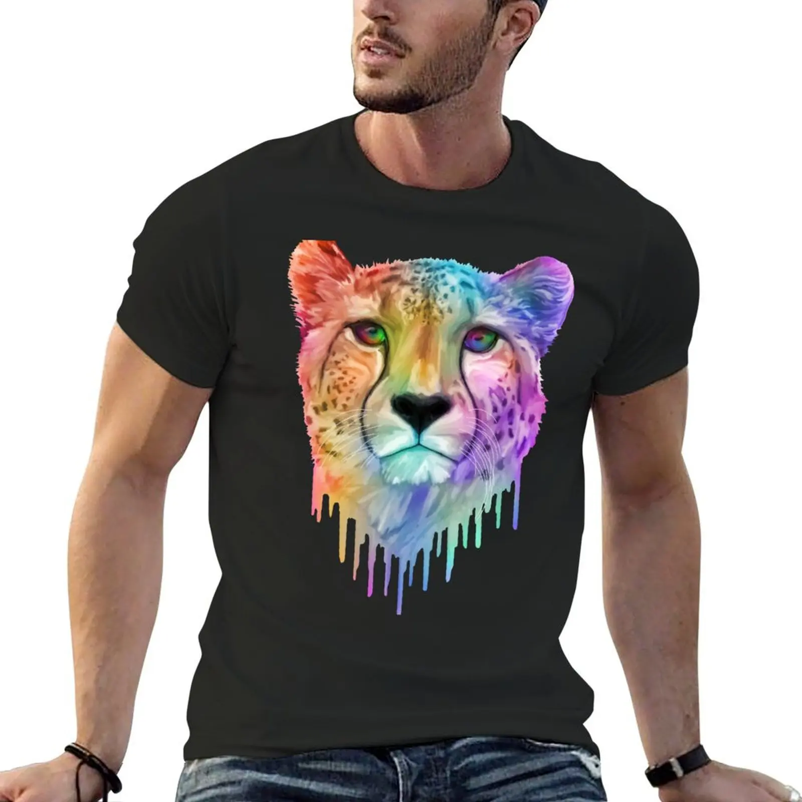

Rainbow Drip Cheetah Portrait T-Shirt rapper graphic tees customs blacks sublime plain white t shirts men