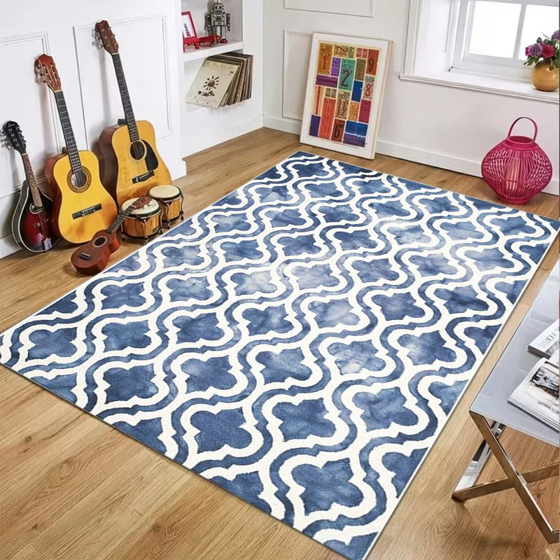 Modern Moroccan Trellis Area Rug Blue White Quatrefoil Pattern Carpet Contemporary Floor Covering Living Room Decor