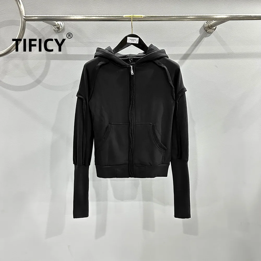 TIFICY High Street Women's Spring/summer Dark Style Design with Patchwork Zipper, Washed and Slim Fit Hooded Sweatshirt Jacket