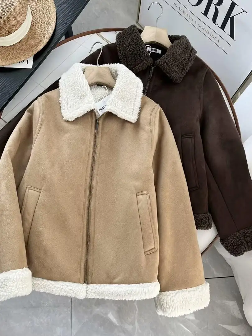 Giacca in Velluto di Agnello Ispessito e Caldo per Donna con Collo Risvoltato, Nuovo Stile Autunno Inverno, Abbigliamento Femminile