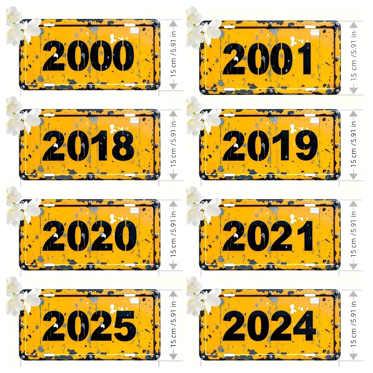 Vintage Rustic Yellow License Plate Style Metal Aluminum Plate Painting with Year Numbers 2000-2025 HD Print Bendable Wall Art D