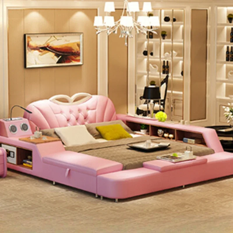 

Aesthetic Storage Unique Bed Modern Nordic Master Genuine Leather Double Bed Modular Luxury Letto Matrimoniale Room Furniture