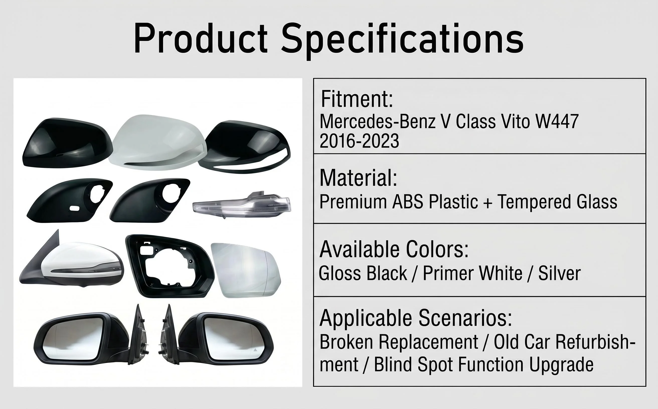 Side Mirror Replacement Parts For Mercedes Benz V Class Vito W447 2016-2023 No Modification Spot Warning Glass Turn Signal