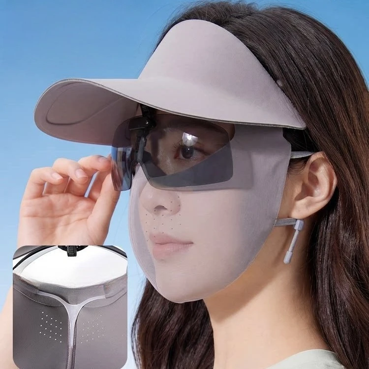 Full Face Sunscreen Mask with Sunglasses, One-piece Hat, Women's Summer UV Resistant Hat Mask, One-piece Ice Silk Face, Gini