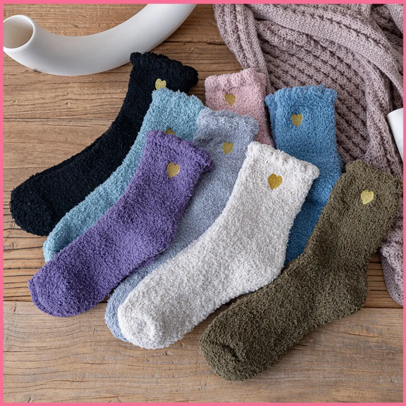 Women Winter Warm Socks 8 Colors Embroidered Love Half Fleece Thickened Sock Female Middle Tube Coral Fleece Bubble Mouth Socks