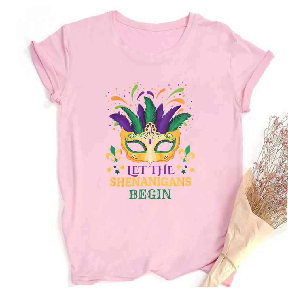 Camisa de Mardi Gras Deixe os Shenanigans comemem camisas femininas manga curta máscara de Mardi Gras camiseta máscara gráfica engraçada camiseta superior