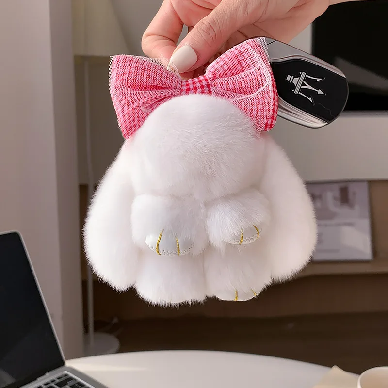لطيف أفخم الأرنب المفاتيح مع Bowknot وهمية الأرنب الفراء مفاتيح السيارة حقيبة سحر رائعتين الأذن المرنة الأرنب قلادة للنساء