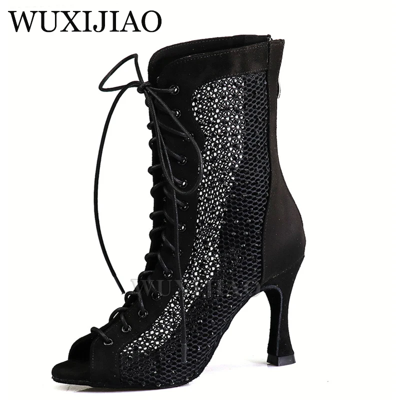 

WUXIJIAO Fashion Dance Boots Women's Latin Dance Shoes Professional Ballroom Dance Shoes High-end Custom Leather Black Mesh Boot